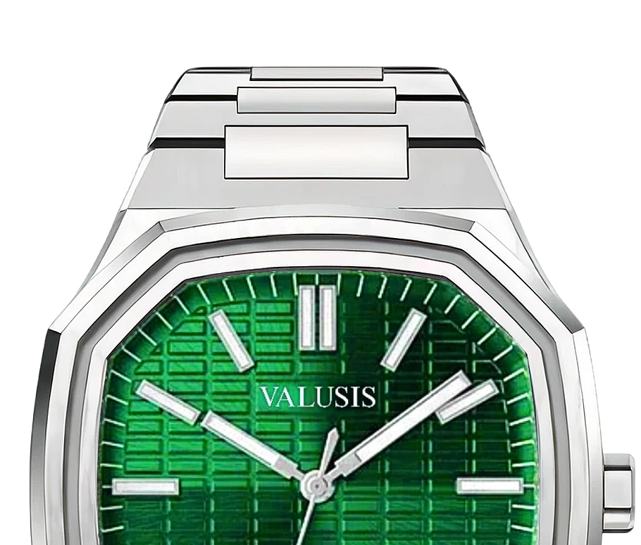 VALUSIS watch close-up with green malachite dial