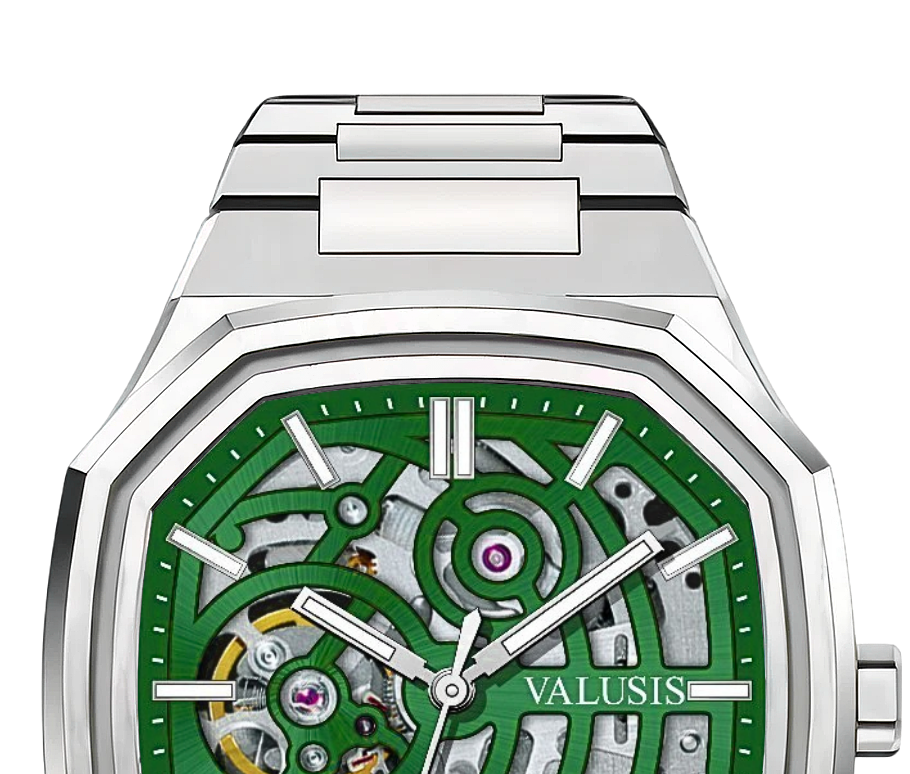 VALUSIS watch close-up with green malachite dial