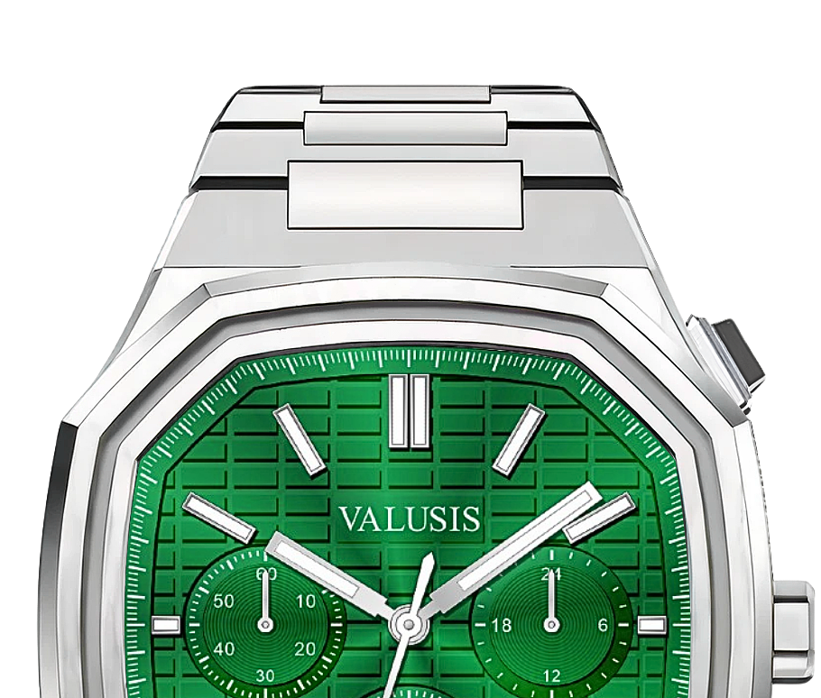 VALUSIS watch close-up with green malachite dial