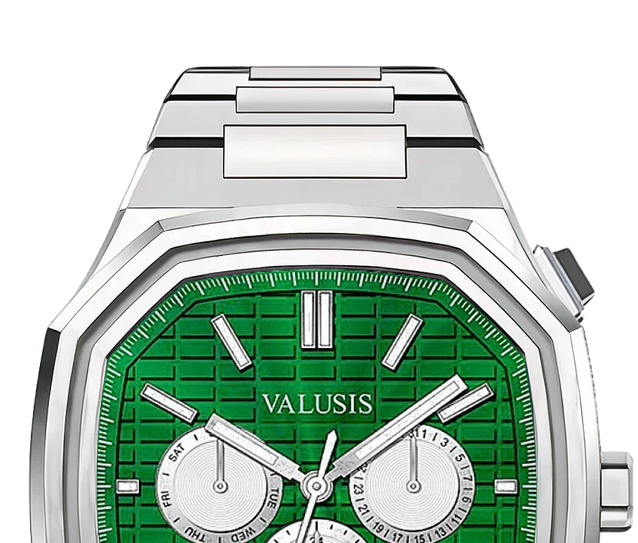 VALUSIS watch close-up with green malachite dial