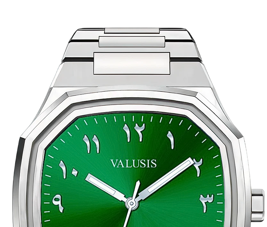 VALUSIS watch close-up with green malachite dial