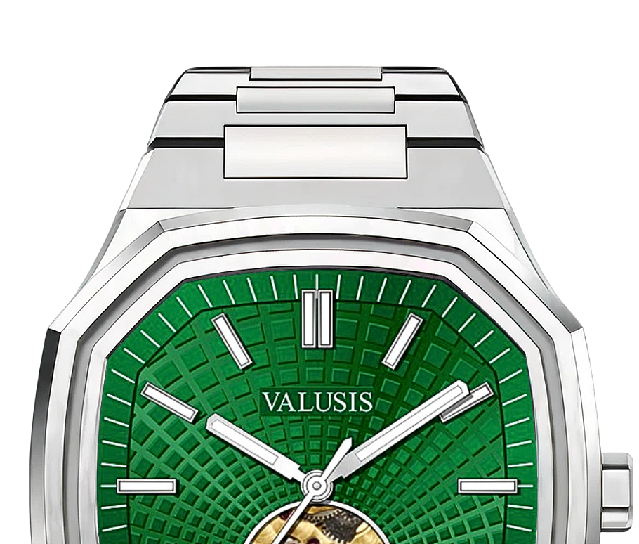 VALUSIS watch close-up with green malachite dial