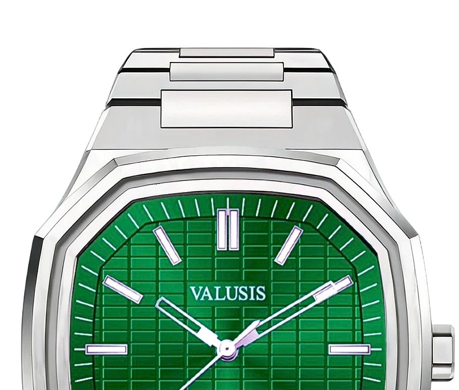 VALUSIS watch close-up with green malachite dial