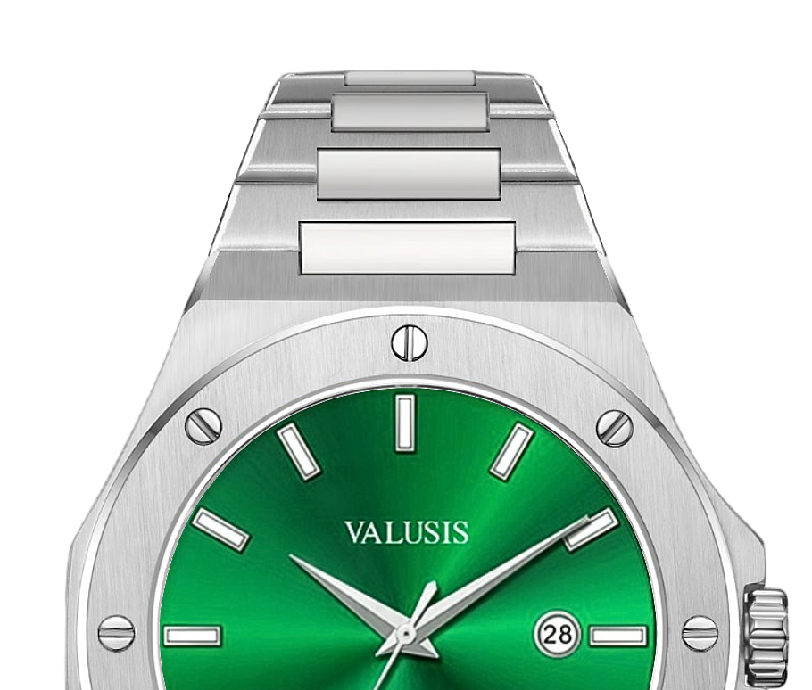 VALUSIS watch close-up with green malachite dial