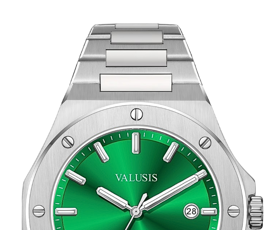 VALUSIS watch close-up with green malachite dial