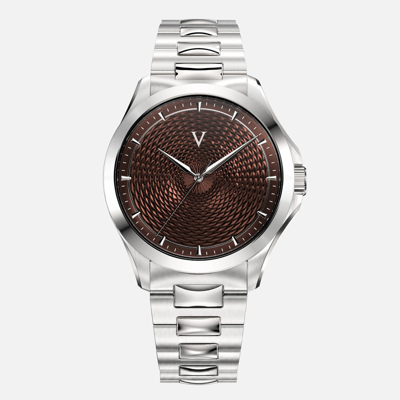 VALUSIS Velturion Brown watch, front view, brown guilloché dial, stainless steel bracelet