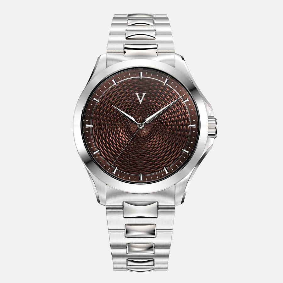 VALUSIS Velturion Brown watch, front view, brown guilloché dial, stainless steel bracelet