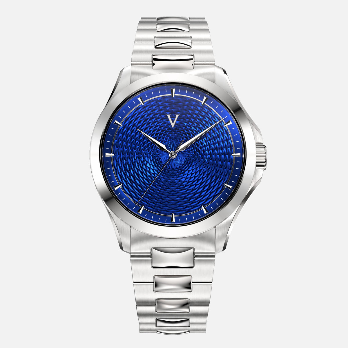 VALUSIS Velturion Blue watch, front view, blue guilloché dial, stainless steel bracelet