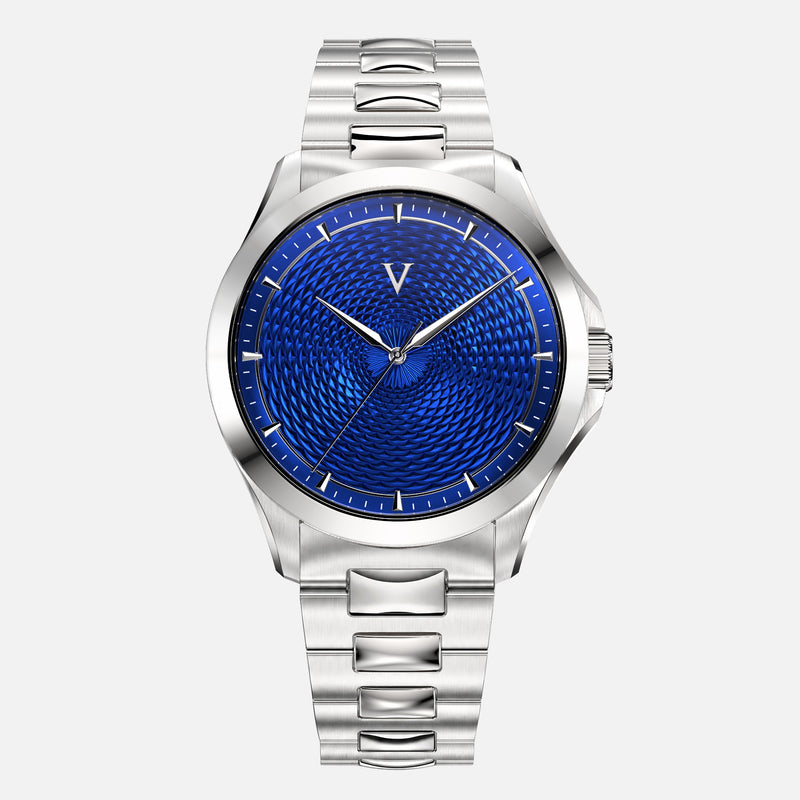 VALUSIS Velturion Blue watch, front view, blue guilloché dial, stainless steel bracelet