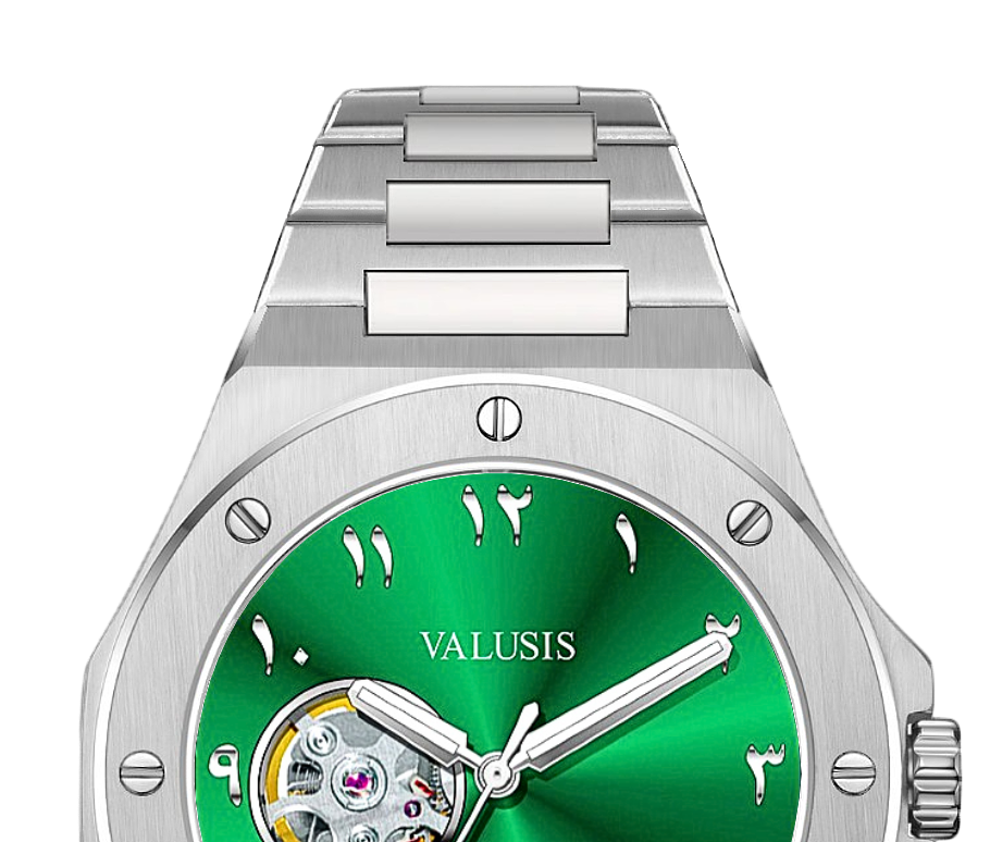 VALUSIS watch close-up with green malachite dial