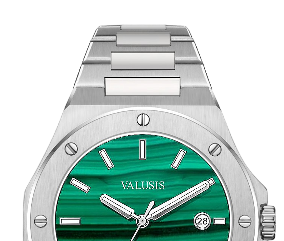 VALUSIS watch close-up with green malachite dial