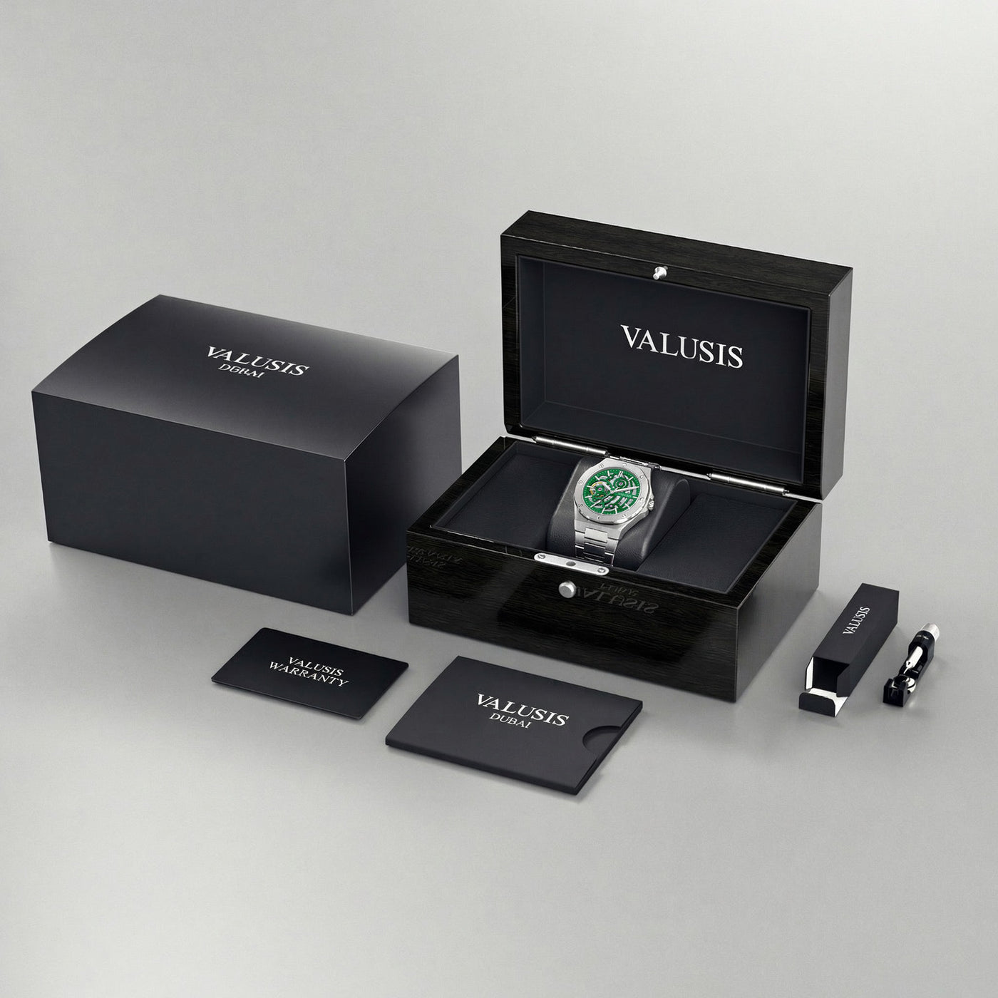 VALUSIS Lysium Green Skeleton – Luxury Watch Packaging Box Dubai