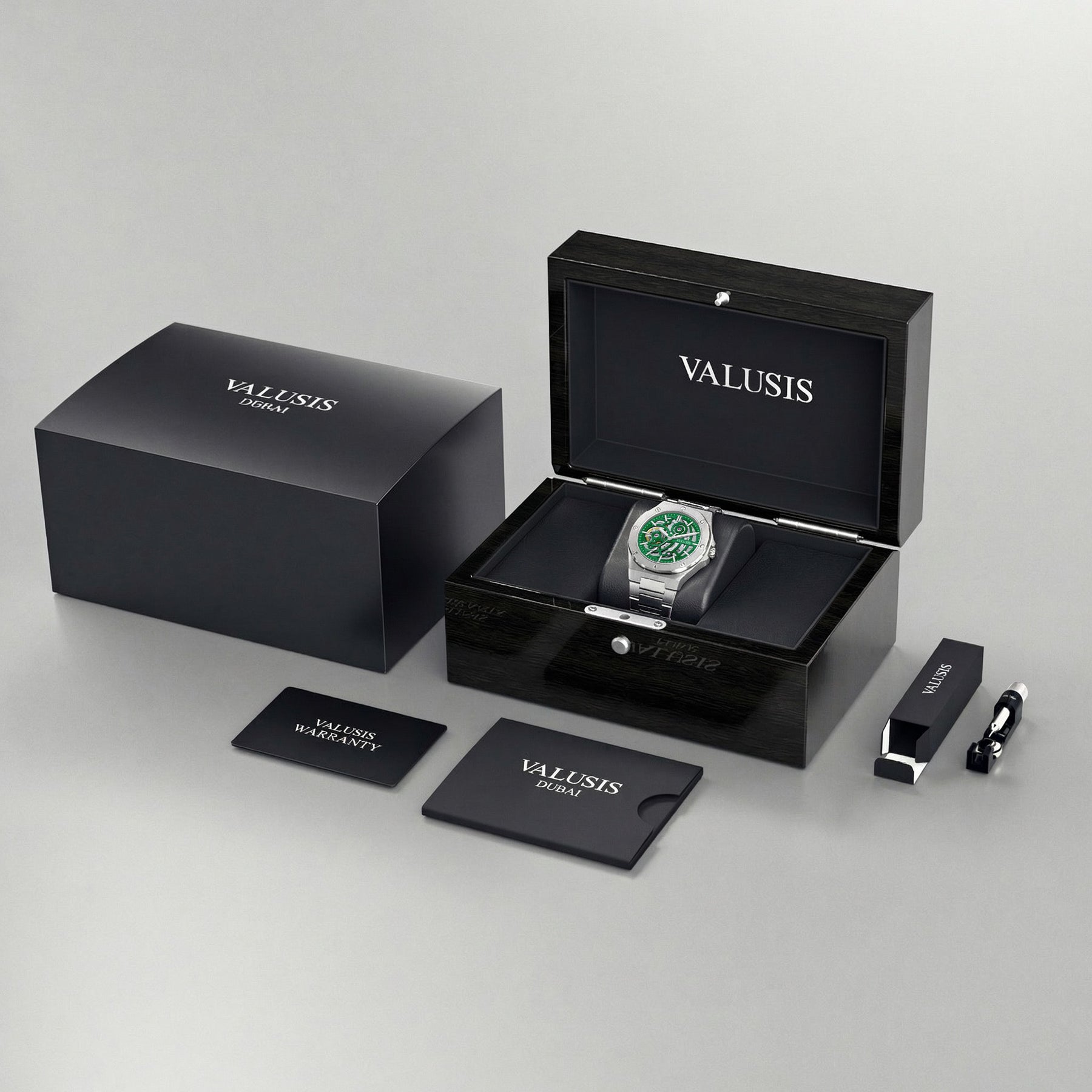 VALUSIS Lysium Green Skeleton – Luxury Watch Packaging Box Dubai