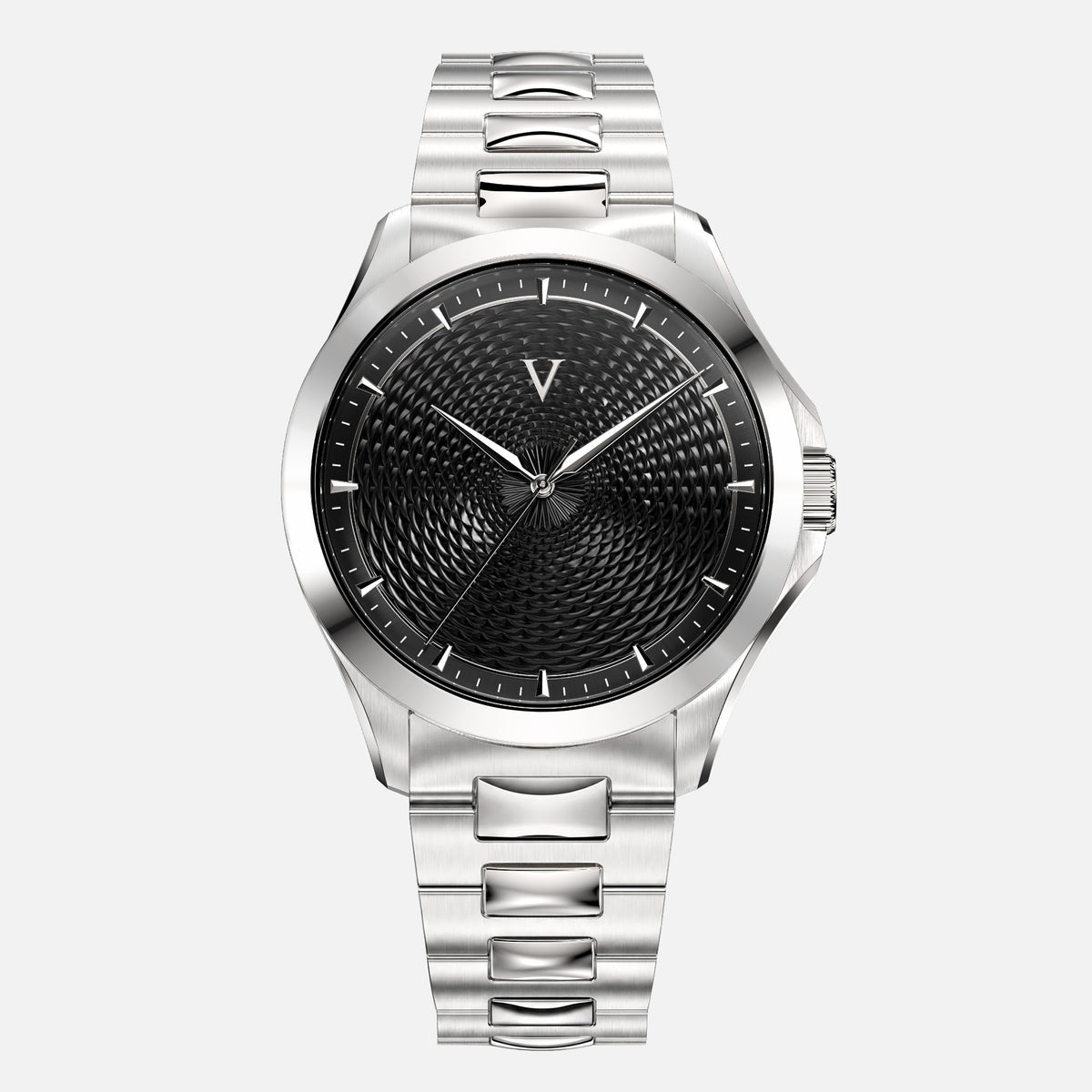 VALUSIS Velturion Black watch, front view, black guilloché dial, stainless steel bracelet