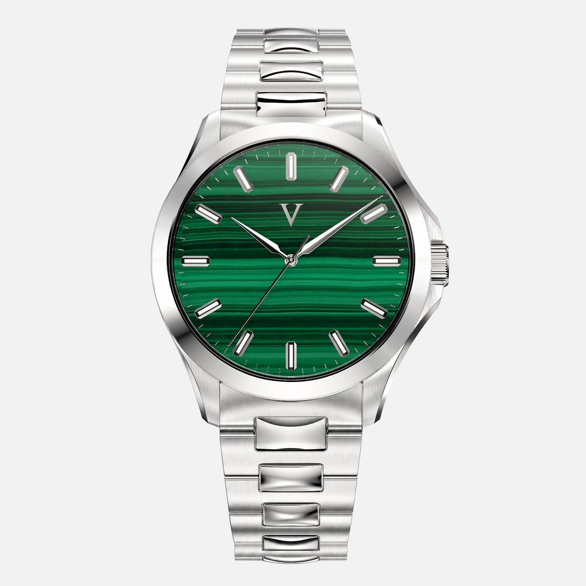 VALUSIS Velturion Malachite watch, front view, green malachite stone dial, stainless steel bracelet