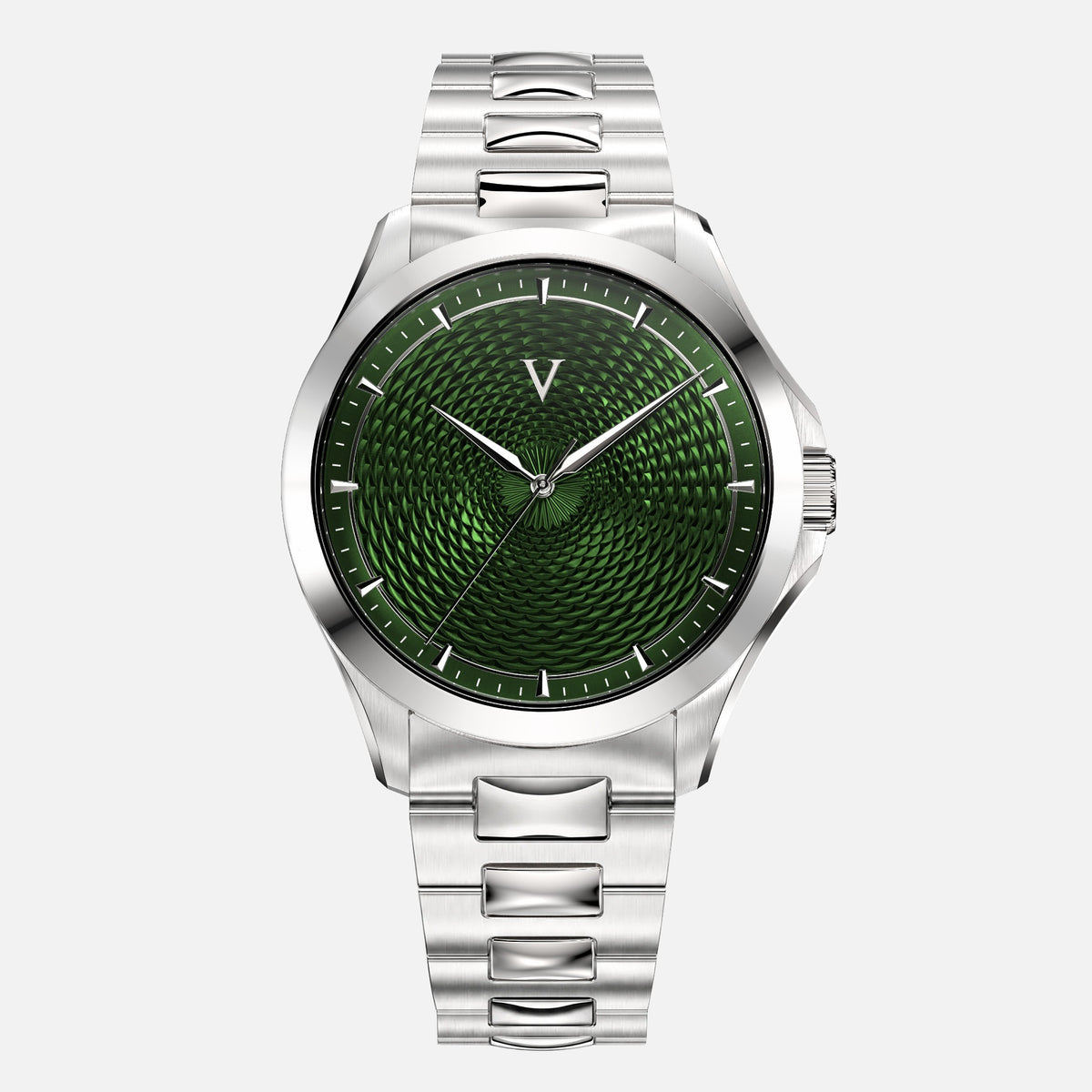 VALUSIS Velturion Green watch, front view, green guilloché dial, stainless steel bracelet