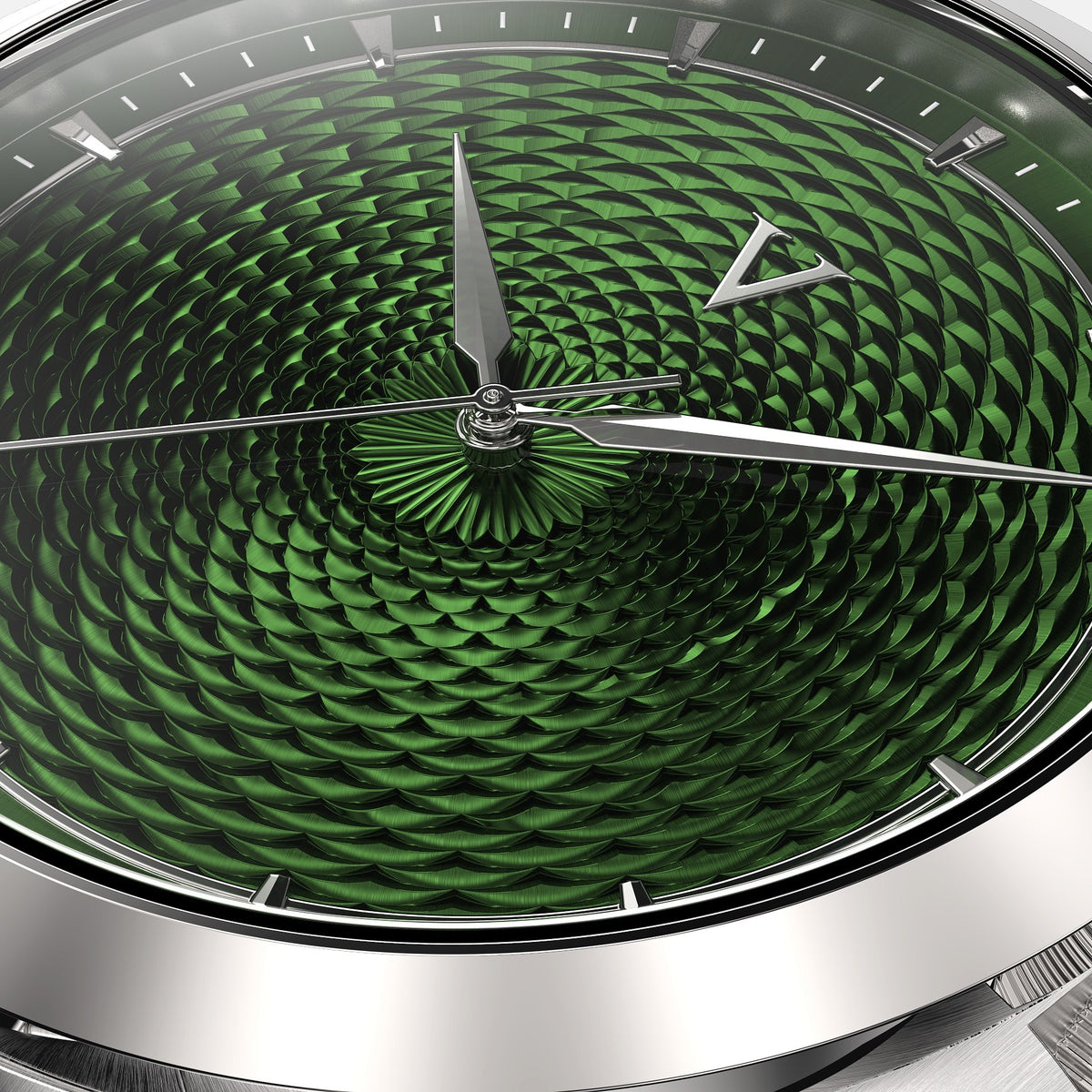 Macro of the VALUSIS Velturion Green dial showing the guilloché wave pattern