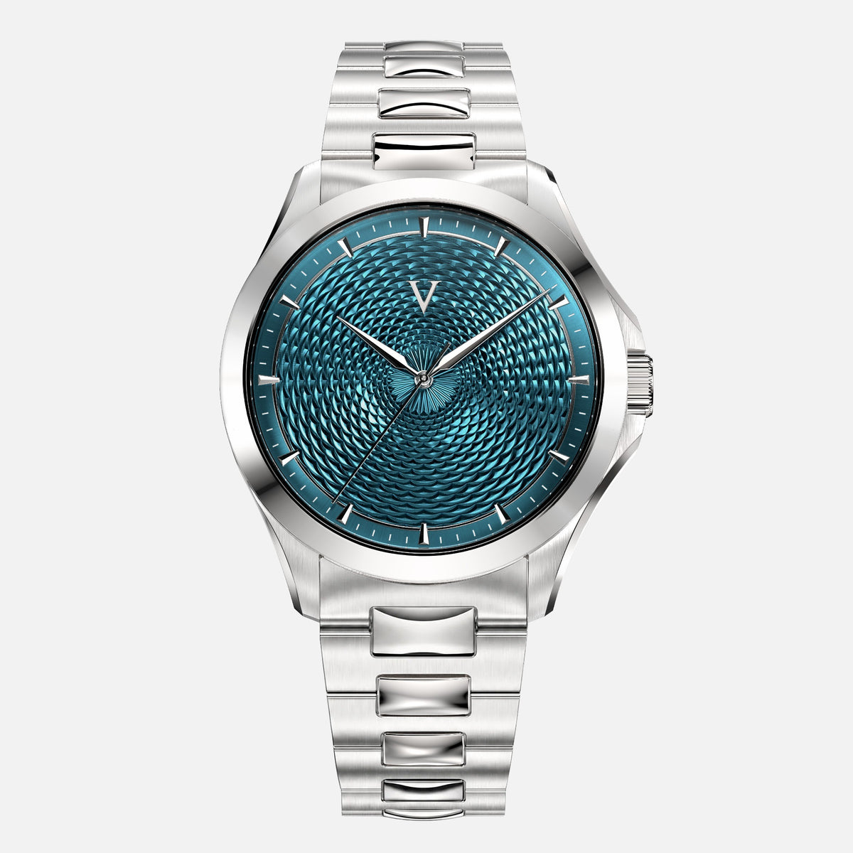VALUSIS Velturion Cyan watch, front view, cyan guilloché dial, stainless steel bracelet