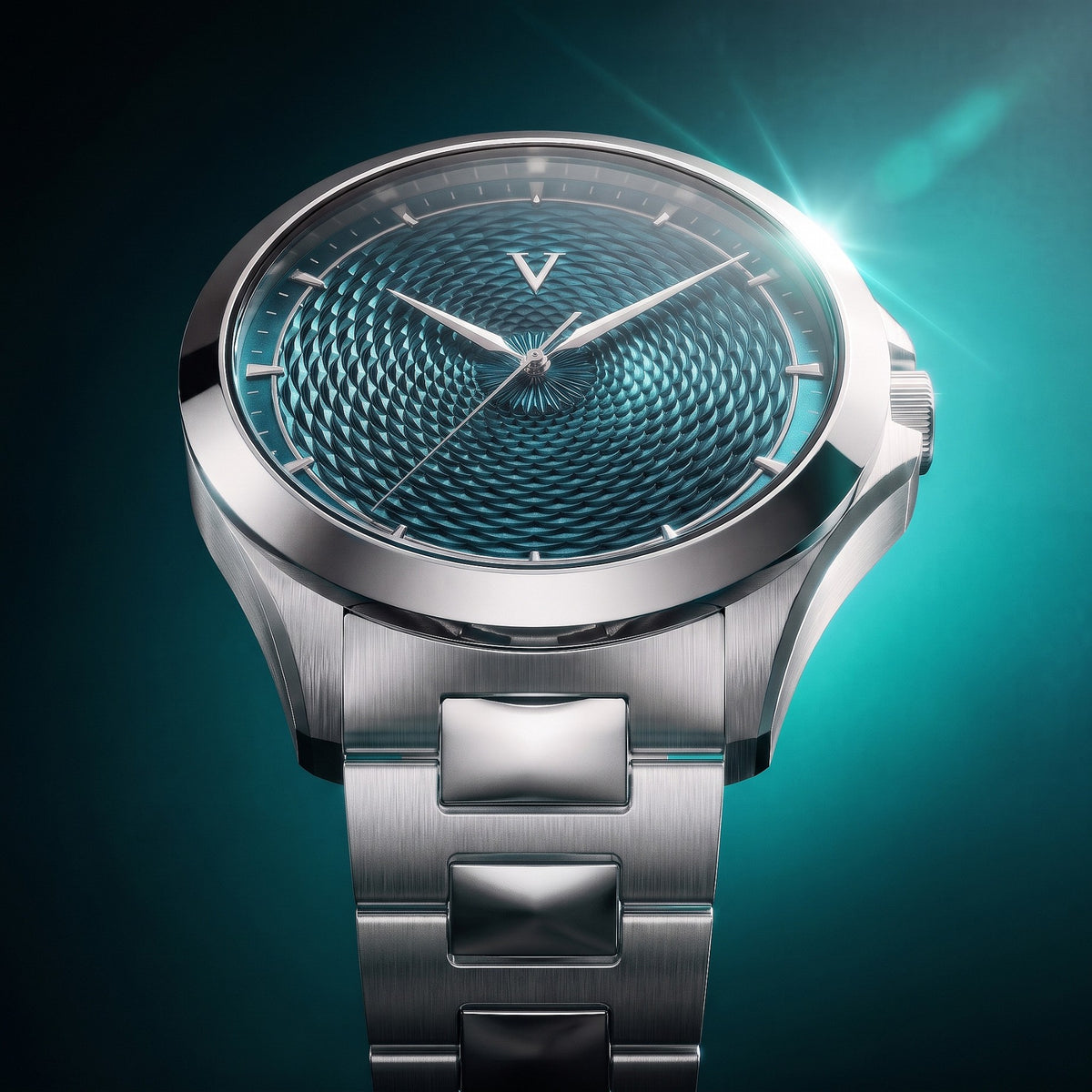 Close-up of the VALUSIS Velturion cyan guilloché dial watch with stainless steel bracelet, studio lighting