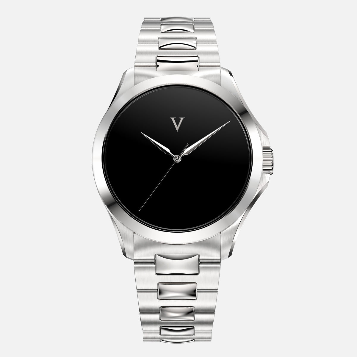 VALUSIS Velturion Ultra Black watch, front view, glossy black dial, stainless steel bracelet