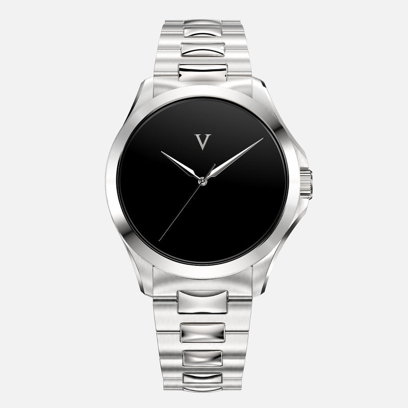VALUSIS Velturion Ultra Black watch, front view, glossy black dial, stainless steel bracelet