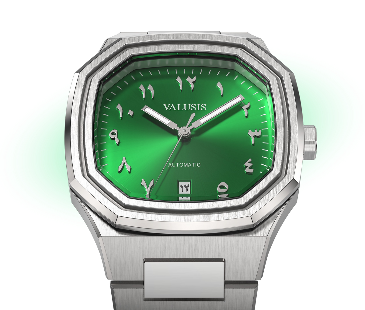 VALUSIS watch close-up with green malachite dial