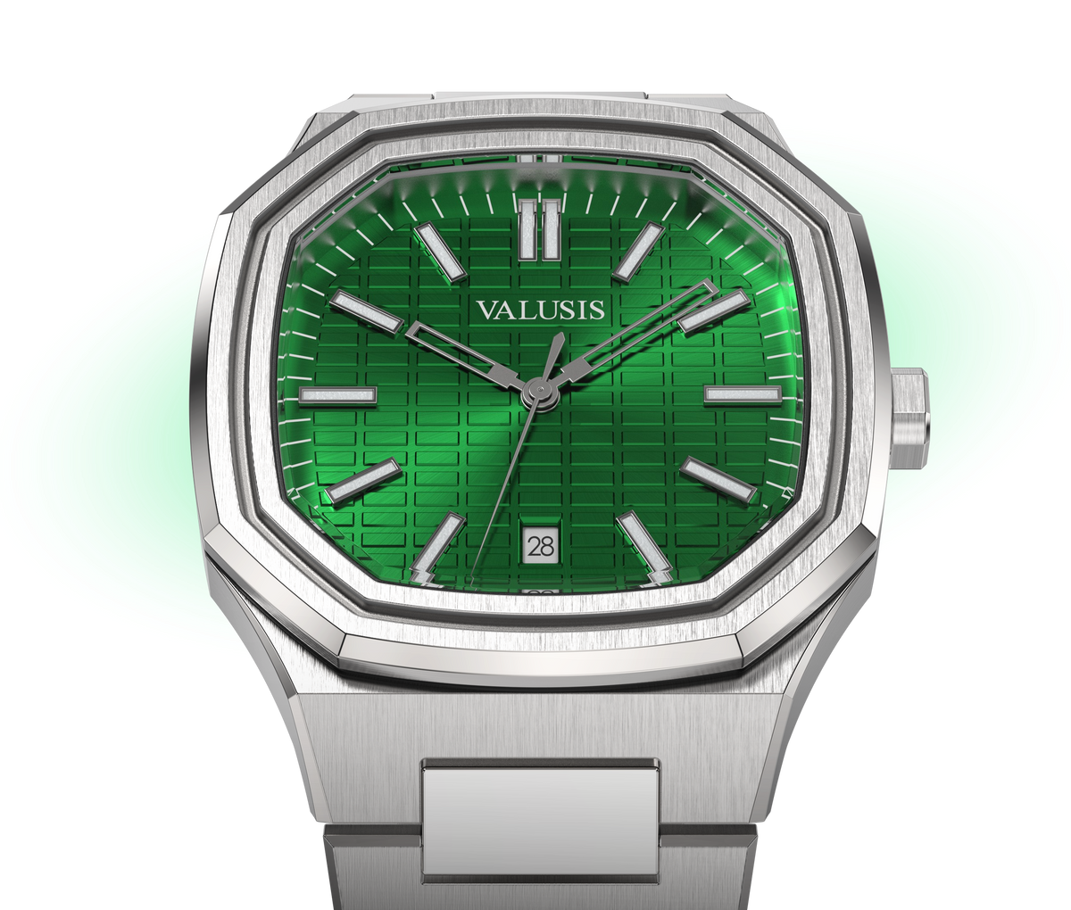 VALUSIS watch close-up with green malachite dial