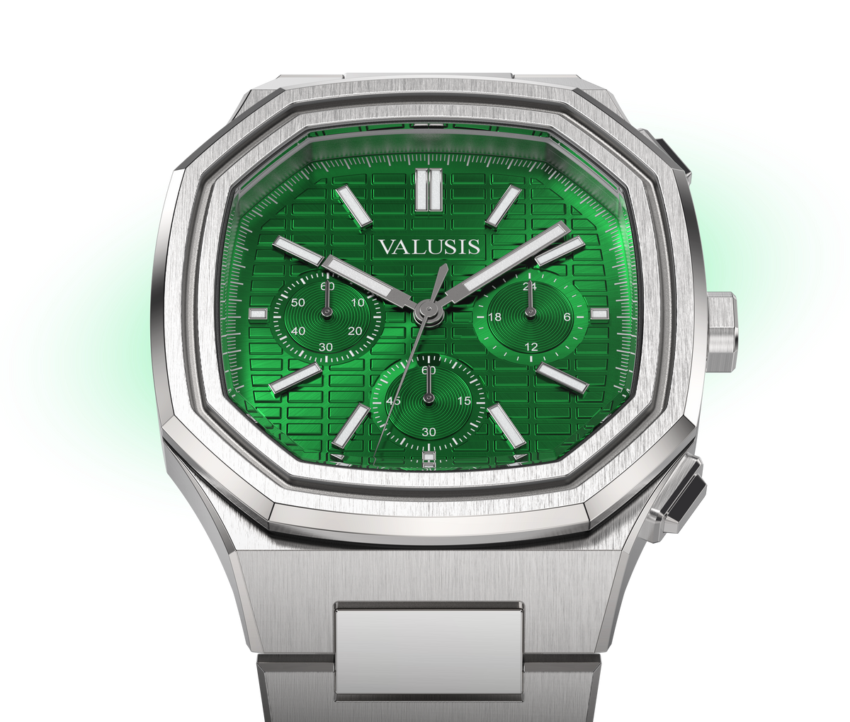 VALUSIS watch close-up with green malachite dial
