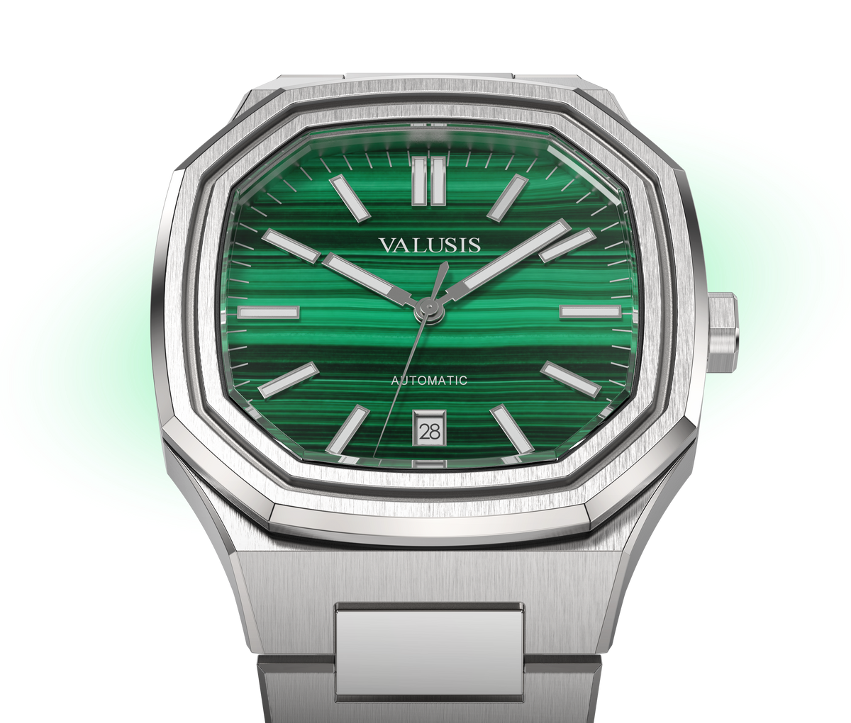VALUSIS watch close-up with green malachite dial