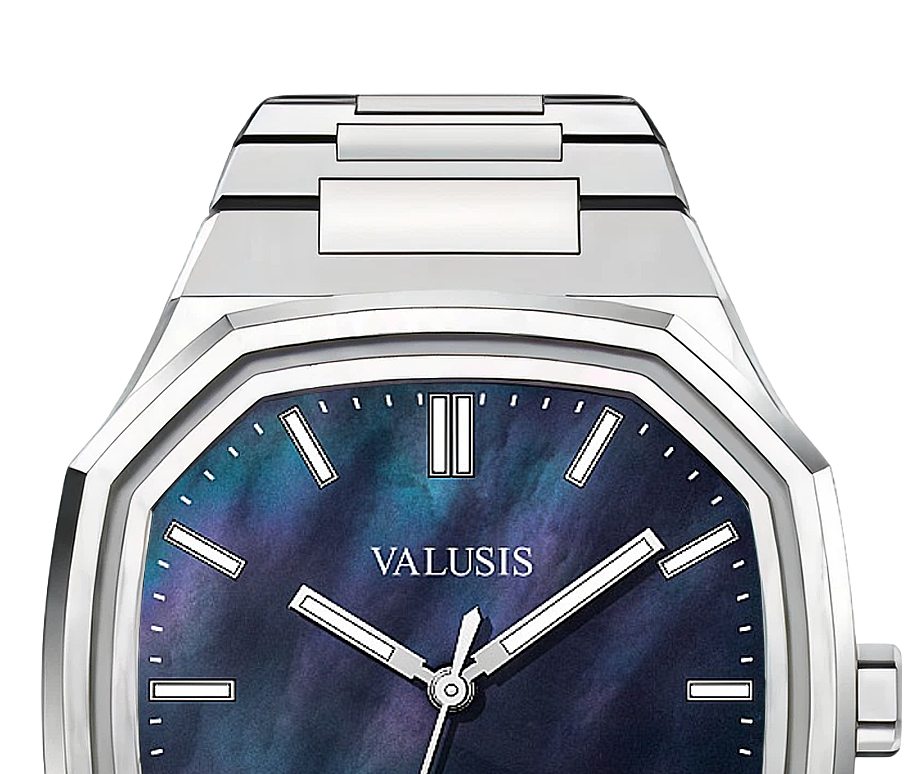 VALUSIS watch close-up with green malachite dial