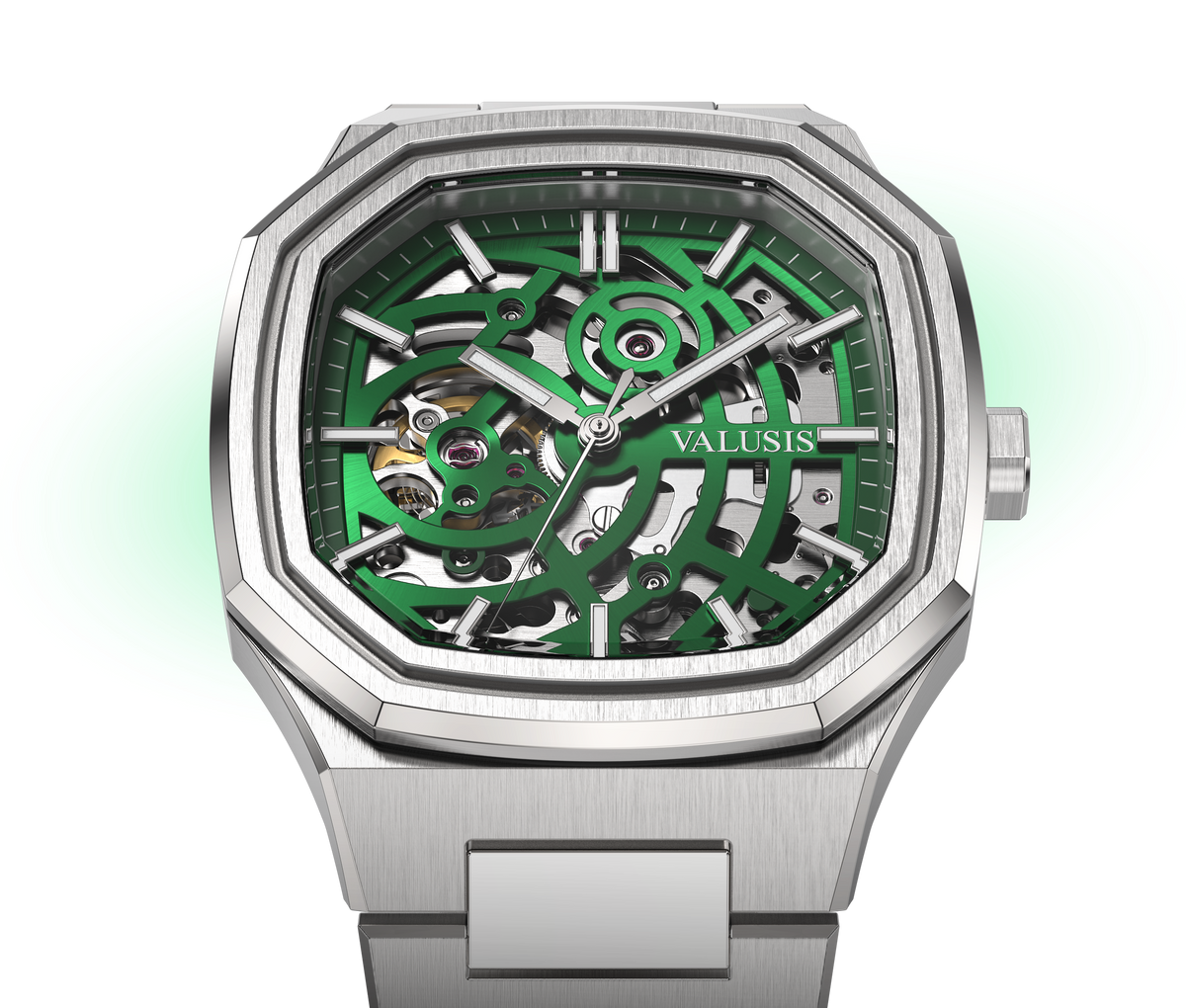 VALUSIS watch close-up with green malachite dial