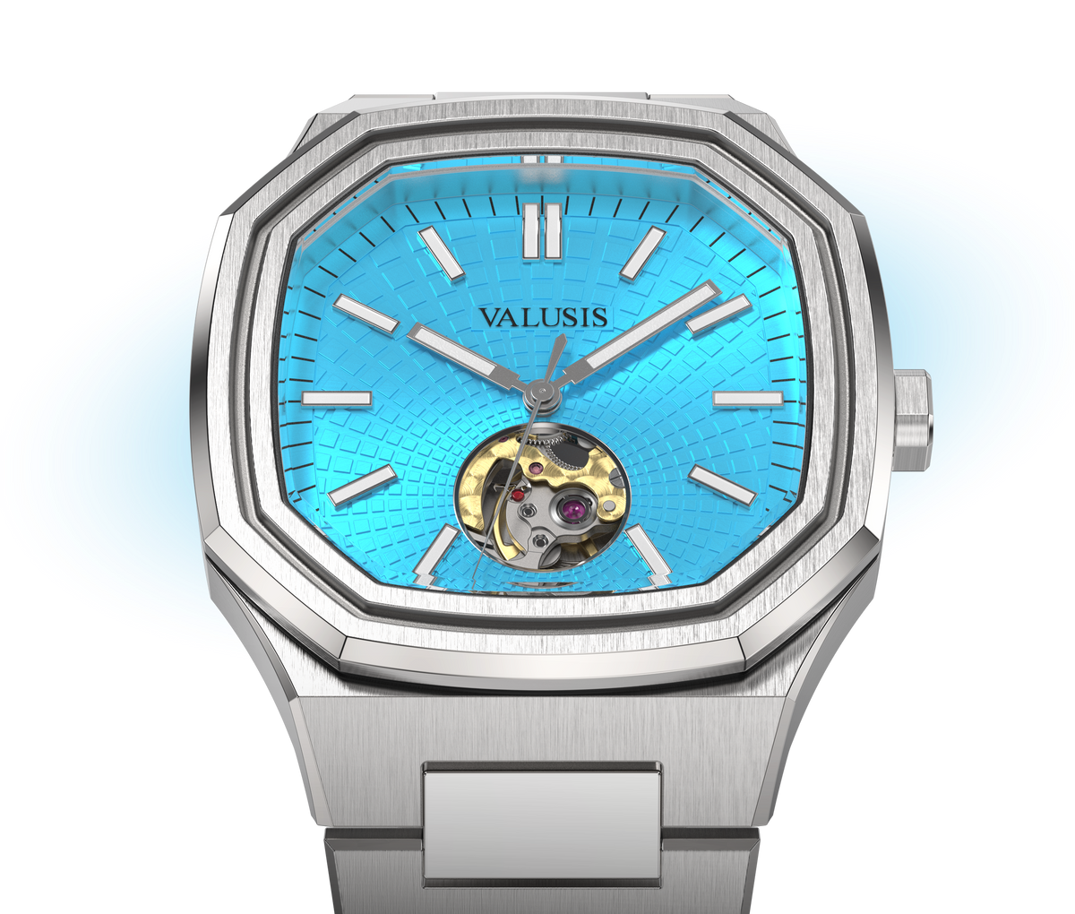 VALUSIS watch close-up with green malachite dial
