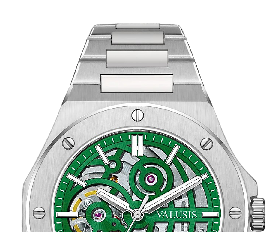 VALUSIS watch close-up with green malachite dial