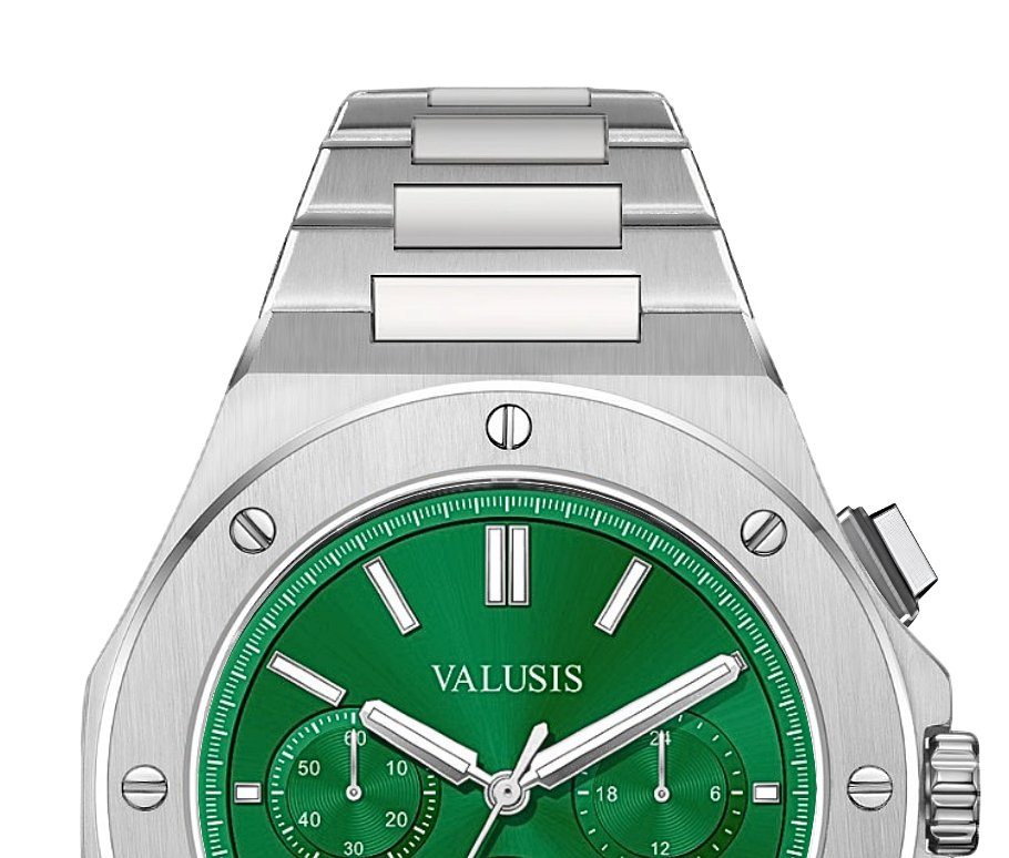 VALUSIS watch close-up with green malachite dial