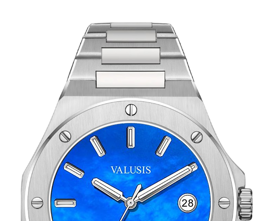 VALUSIS watch close-up with green malachite dial