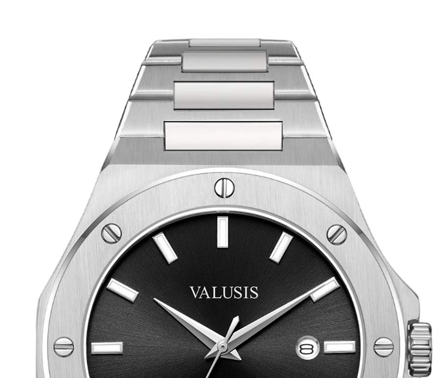VALUSIS watch close-up with green malachite dial