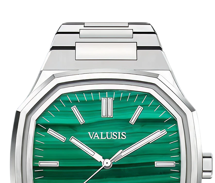 VALUSIS watch close-up with green malachite dial