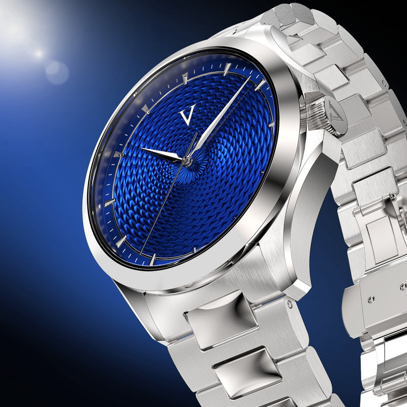 VALUSIS Velturion Blue watch, angled view, blue guilloché dial, stainless steel bracelet