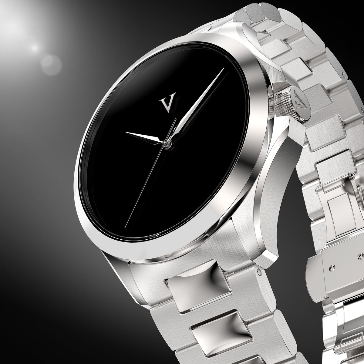 VALUSIS Velturion Ultra Black watch, angled view, glossy black dial, stainless steel bracelet
