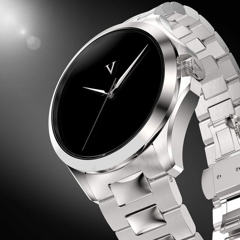 VALUSIS Velturion Ultra Black watch, angled view, glossy black dial, stainless steel bracelet