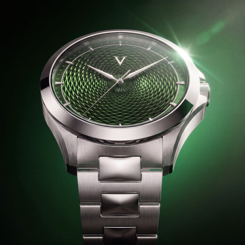Close-up of the VALUSIS Velturion green guilloché dial watch with stainless steel bracelet, studio lighting