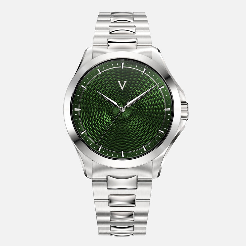 VALUSIS Velturion Green watch, front view, green guilloché dial, stainless steel bracelet
