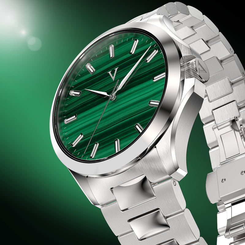 VALUSIS Velturion Malachite watch, angled view, green malachite stone dial, stainless steel bracelet