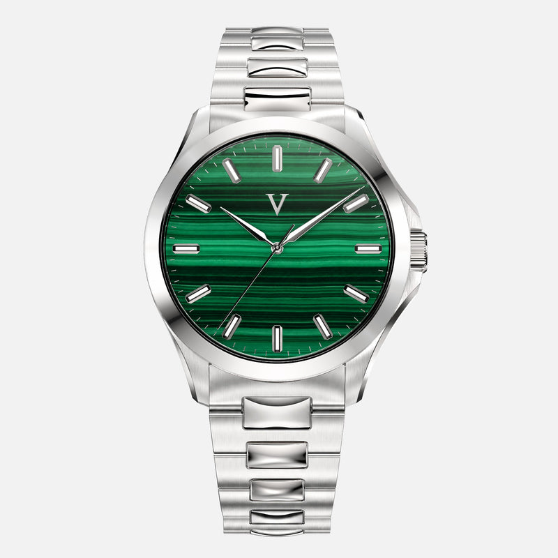 VALUSIS Velturion Malachite watch, front view, green malachite stone dial, stainless steel bracelet