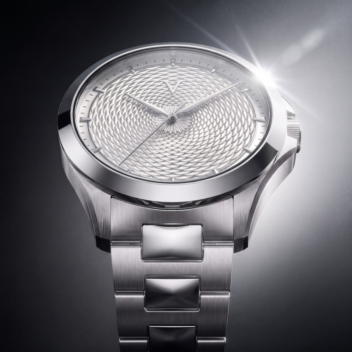 Close-up of the VALUSIS Velturion white guilloché dial watch with stainless steel bracelet, studio lighting