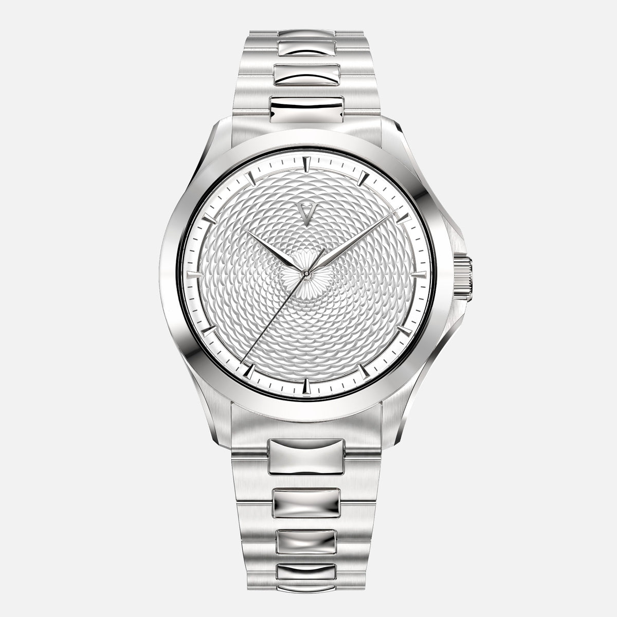 VALUSIS Velturion White watch, front view, white guilloché dial, stainless steel bracelet
