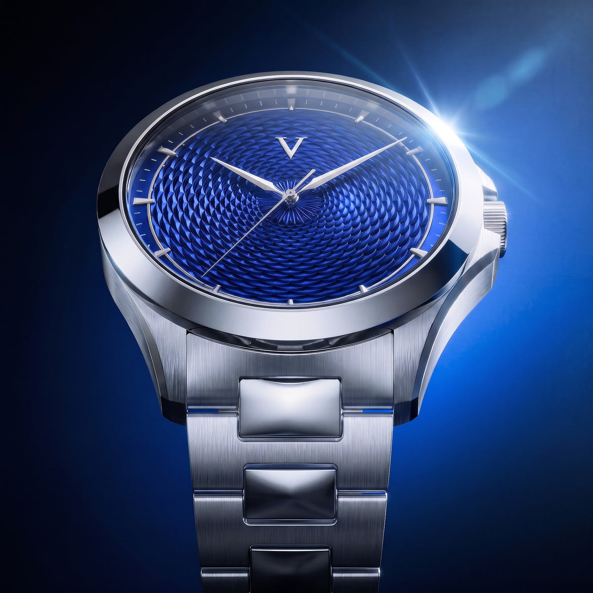 Close-up of the VALUSIS Velturion blue guilloché dial watch with stainless steel bracelet, studio lighting