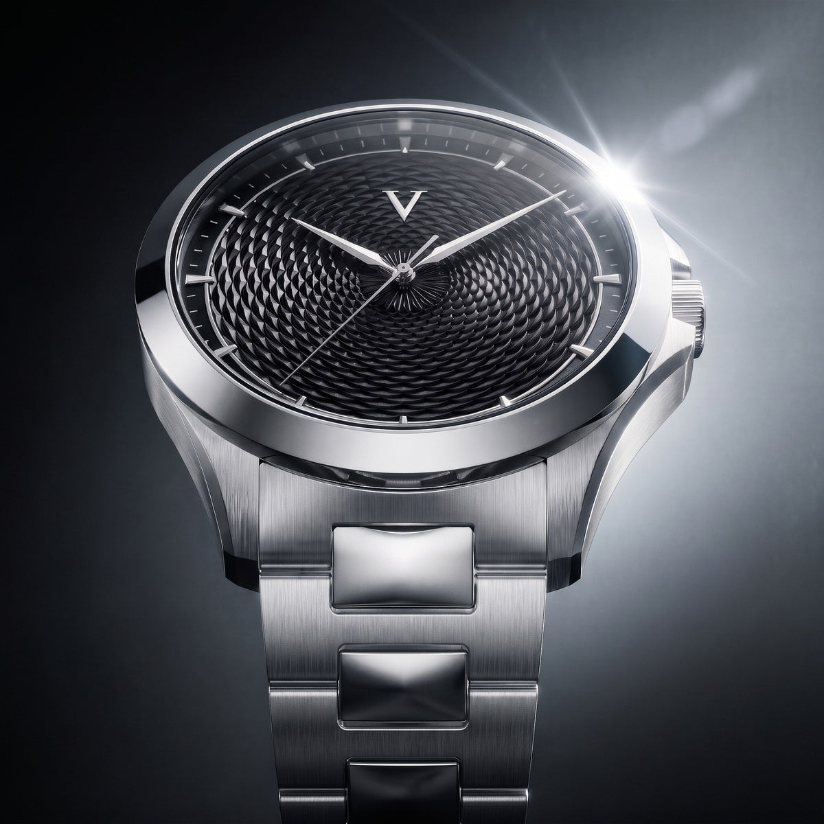 Close-up of the VALUSIS Velturion black guilloché dial watch with stainless steel bracelet, studio lighting