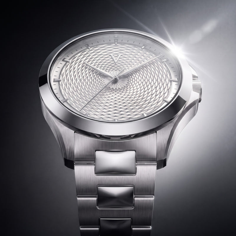 Close-up of the VALUSIS Velturion white guilloché dial watch with stainless steel bracelet, studio lighting