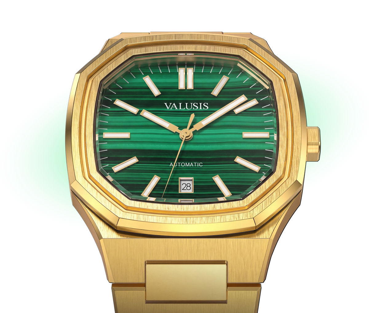 VALUSIS watch close-up with green malachite dial